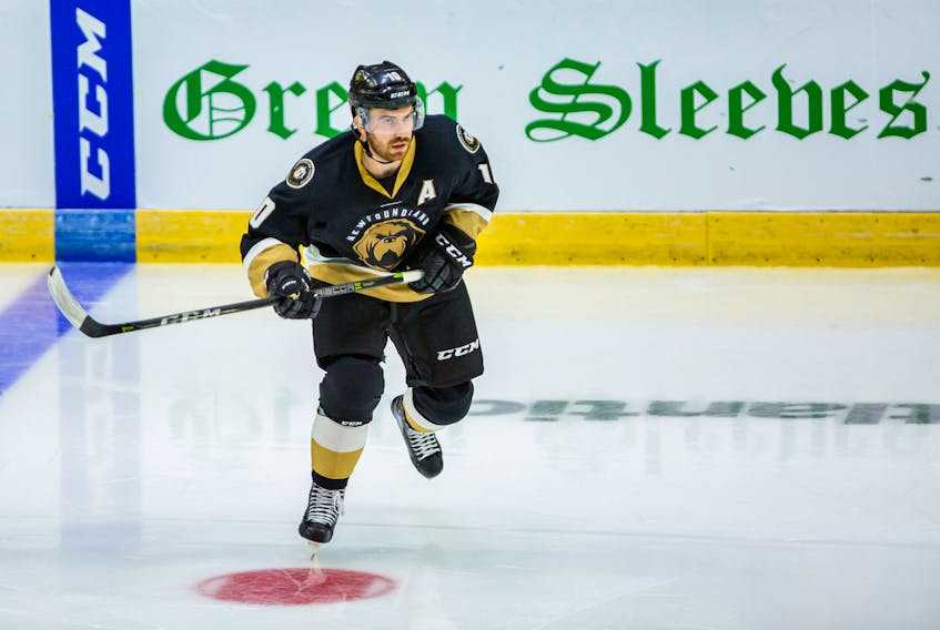 Newfoundland Growlers forward Zach O'Brien is day-to-day after suffering an injury in a game against the Manchester Monarchs last Friday. — Newfoundland Growlers/Jeff Parsons