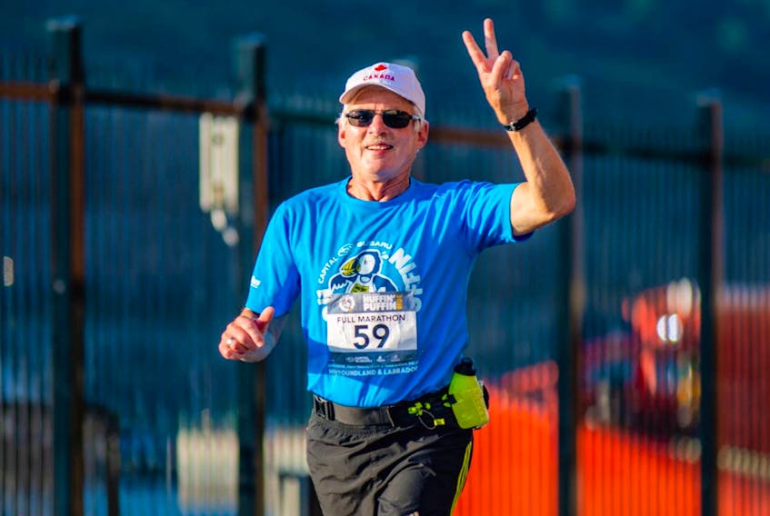 Joe Ryan, shown competing in the Subaru Huffin’ Puffin Marathon last fall, will run his 47th Tely 10 road race this Sunday. Ryan won his first, and only, Tely 10 exactly 50 years ago in 1969. Needless to say, he has seen a lot of changes since then. — Submitted photo/Greg Greening Photography