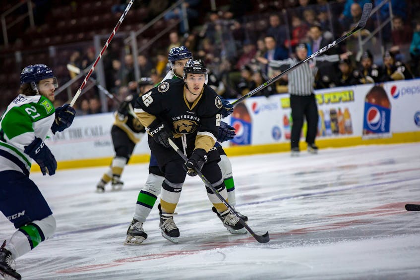 Forward Brady Ferguson (22) is one of 10 members of the 2018-19 ECHL champion Newfoundland Growlers taking to the ice with the Toronto Marlies as the AHL team opens its training camp today in Etobicoke, Ont. — Newfoundland Growlers photo/Jeff Parsons