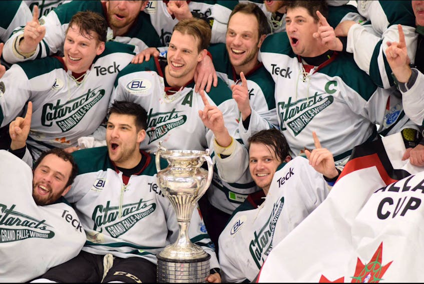 In this April 15, 2017 file photo, members of the Grand Falls-Windsor Cataracts celebrating after winning the Allan Cup national senior men’s hockey championship in Bouctouche, N.B. The Cataracts are back with a stiong roster as they prepare to begin a new Central West Senior Hockey League schedule next month, but are dealing with the loss of three significant players (from left), defenceman Luke Gallant (above trophy, with A on his jersey), forward Colin Circelli and captain Michael Brent.