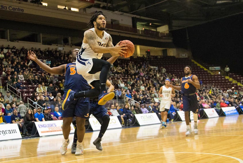 St. John’s Edge photo/Jeff Parsons - Isaiah Tate of the St. John’s Edge takes the ball to the basket during NBL Canada play Sunday at Mile One Centre. The Edge closed out their regular season with a 121-116 overtime win.