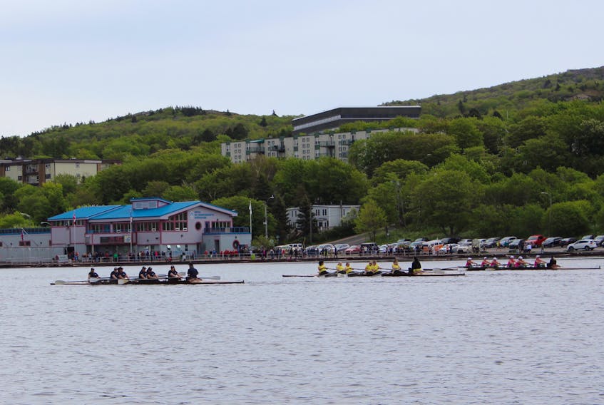 Three crews move off the start line during a senior female heat at the Discovery Day Regatta at Quidi Vidi Lake on Sunday. From left are USW, Triple E Painters and Travel Unlimited, the eventual winners of the race. There were 131 crews entered in the Discovery Day event, the kickoff to the 2018 local fixed-rowing season, which will culminate in the 200th anniversary Royal St. John’s Regatta in early August. The Discovery Day Regatta was supposed to have gone on Saturday, but was postponed a day because of high winds.