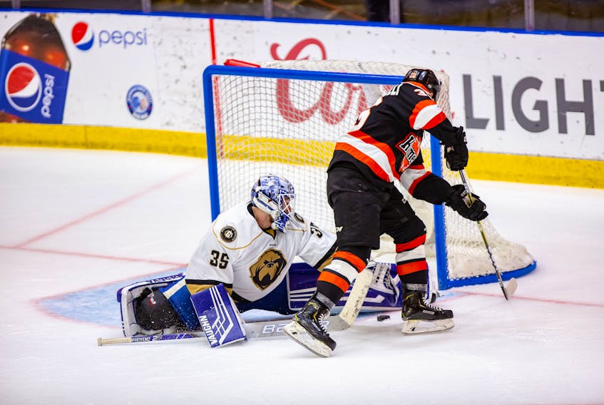 In this Feb. 8, 2019 file photo, Newfoundland Growlers goaltender Eamon McAdam makes a save on Anthony Petruzzelli of the Fort Wayne Komets during the shootout portion of an ECHL game at Mile One Centre. The Growlers won the game 3-2. The ECHL is seeking to reduce the number of shootouts by increasing the maximum length of overtime from five to seven minutes, beginning next season. — Newfoundland Growlers photo/Jeff Parsons