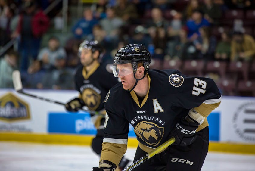 Growlers defenceman James Melindy has been suspended five games by the ECHL after he received a game misconduct for coming off the bench during an altercation in a game in Reading, Pa., Wednesday night. — Newfoundland Growlers photo/Jeff Parsons