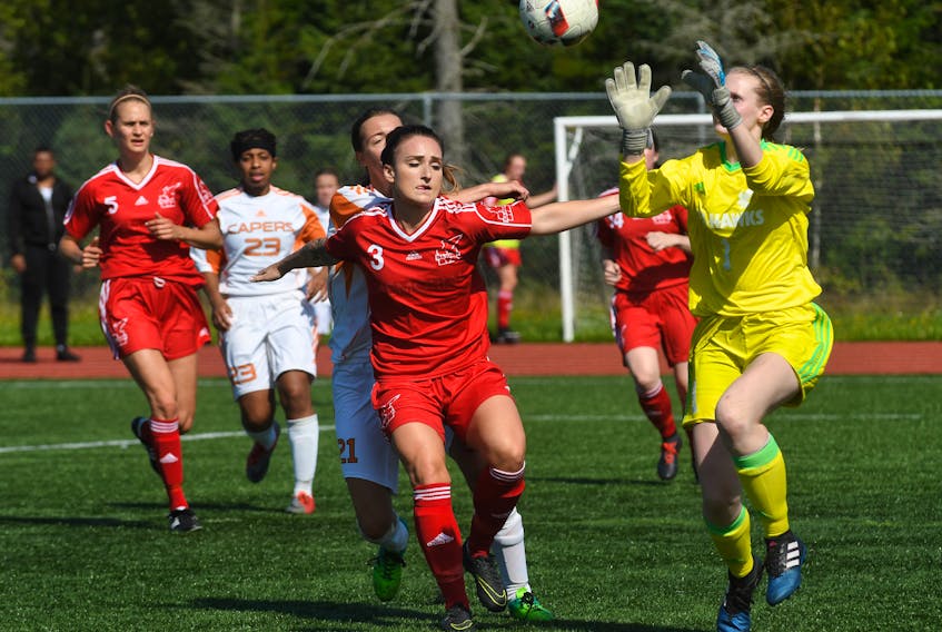 File photo/Cape Breton University Athletics
In this Sept. 23, 2017 file photo, Memorial Sea-Hawks defender Keisha Younge (3) and goalkeeper Sydney Walsh (right) are shown in action against the Cape Breton Capers during an AUS women’s soccer game in Sydney, N.S. The Sea-Hawks close out their 2017 regular season with games against visiting Moncton today and Saturday in St. John’s, and are looking to join the league-leading Capers as teams owning first-round byes in next month’s AUS playoff tournament.