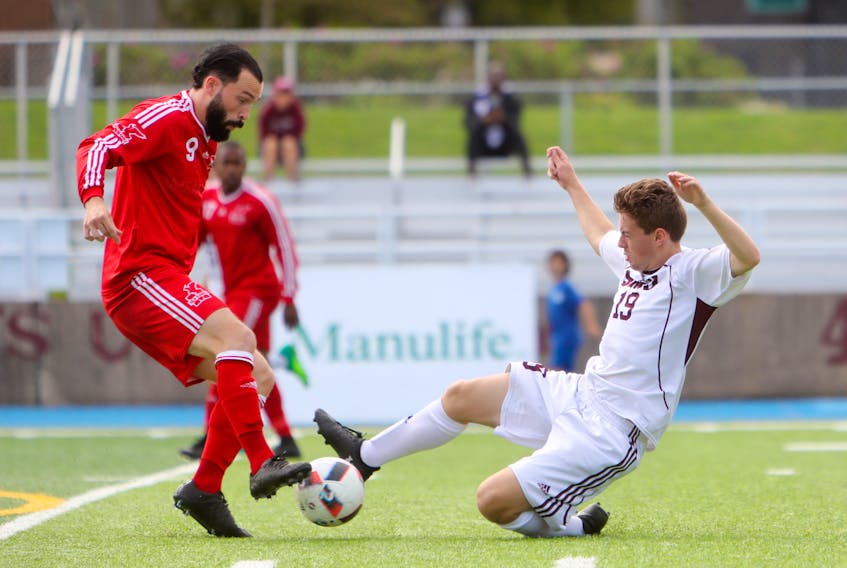File photo/Saint Mary’s University Athletics — In this Sept. 16, 2017 file photo, Tyler Forsey (left) of the Memorial Sea-Hawks is shown in action against the Saint Mary’s Huskies during an AUS men’s soccer game in Halifax. The Sea-Hawks still haven’t guaranteed themselves a playoff spot heading into the final weekend of the 2017 regular season, so they’ll be counting on scoring from the likes of Forsey, who leads Memorial in goals, as they face the visiting Université de Moncton Aigles Bleus at King George V Park Friday and Saturday.