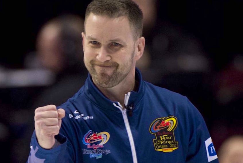 Brad Gushue is shown reacting to a shot during the 2017 Tim Hortons Roar of the Rings Canadian Olympic Curling Trials in Ottawa. A win at this week’s Home Hardware Canada Cup in Leduc, Alta., will get Gushue and his St. John’s rink a berth in the next Canadian Trials, set for 2021 in Saskatoon, where this country’s four-person curling teams for the 2022 Winter Games in Beijing will be determined. — Curling Canada file photo/Michael Burns