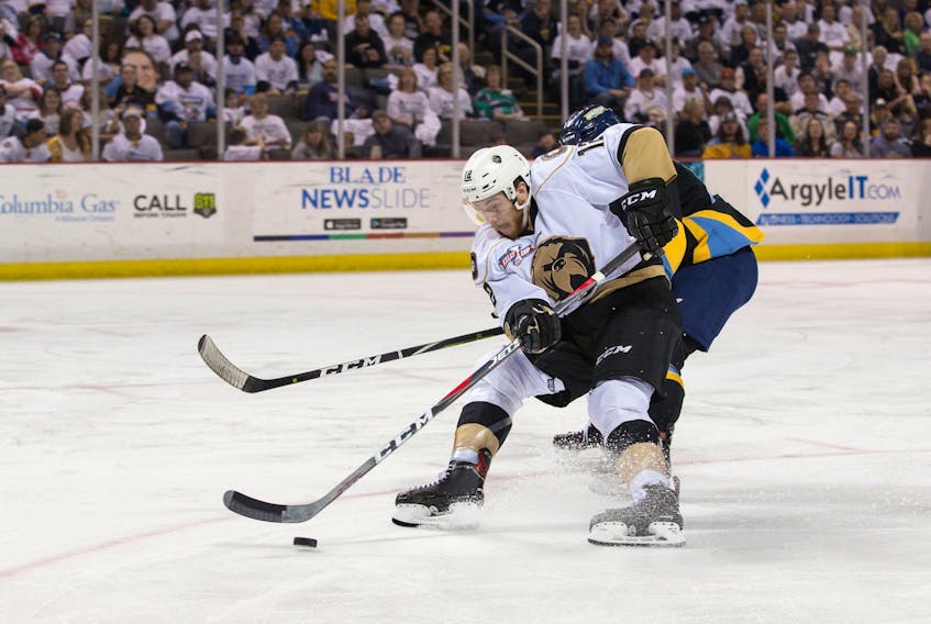 If Scott Pooley (12) and the Newfoundland Growlers are to stay ahead of the Toledo Walleye, they’ll have to have a better start in tonight’s Game 4 in Toledo than they did in a 4-1 loss to the Walleye Wednesday. The Growlers lead the best-of-seven ECHL Kelly Cup final 2-1. — Toledo Walleye photo via Newfoundland Growlers/Twitter