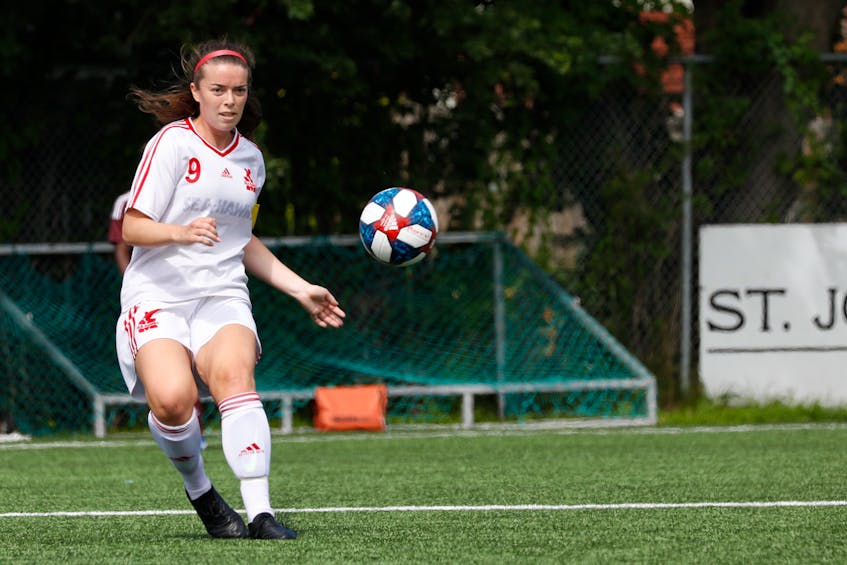The Memorial Sea-Hawks’ Nicole Torraville, shown in action at King George V Park in St. John’s earlier this season, didn’t play for Memorial in its only regular-season game against the St. Francis Xavier X-Women. However, Torraville, who was named an Atlantic University Sport women’s soccer second-team all-star Wednesday, will be in the Sea-Hawks’ lineup today as they face the X-Women in the quarter-final round of the AUS championship tournament in Sydney, N.S. — Memorial Athletics photo/Allison Wragg