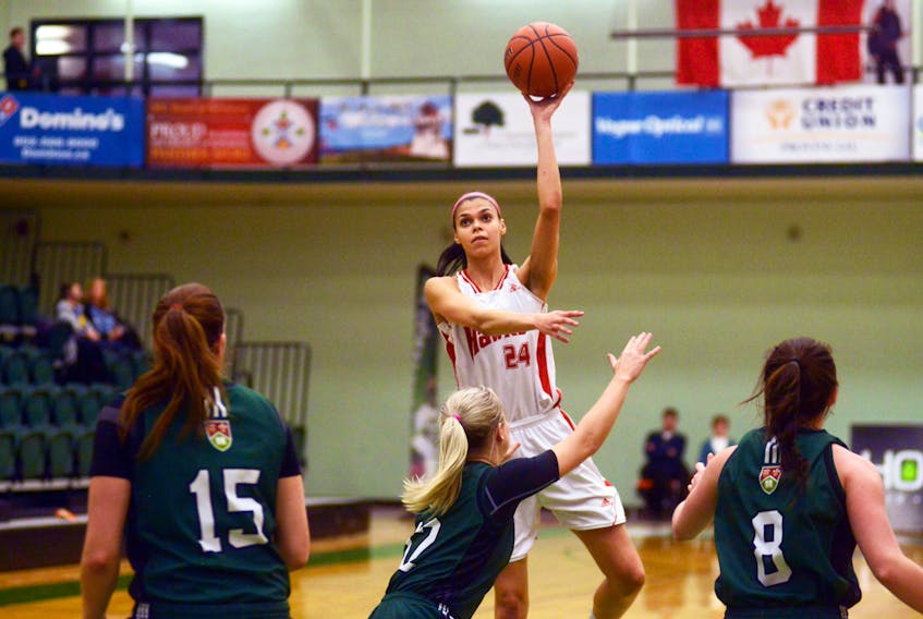 The Memorial Sea-Hawks' Brooklyn Wright sends a shot up for two of her 30 points in an AUS women's basketball game against the UPEI Panthers in Charlottetown. P.E.I., on Sunday. Wright added a dozen rebounds in Memorial's 87-79 win.