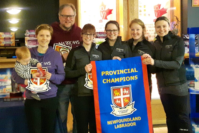 Stacie Curtis and her St. John’s rink won the 2018 Newfoundland and Labrador women’s curling championship, defeating Heather Strong in the final at the Re/Max Centre St. John’s. Members of the winning team include (from left) Carrie Vautour (holding her daughter Brooke), coach Eugene Trickett, Erica Trickett, Julie Devereaux, Erin Porter and Curtis.