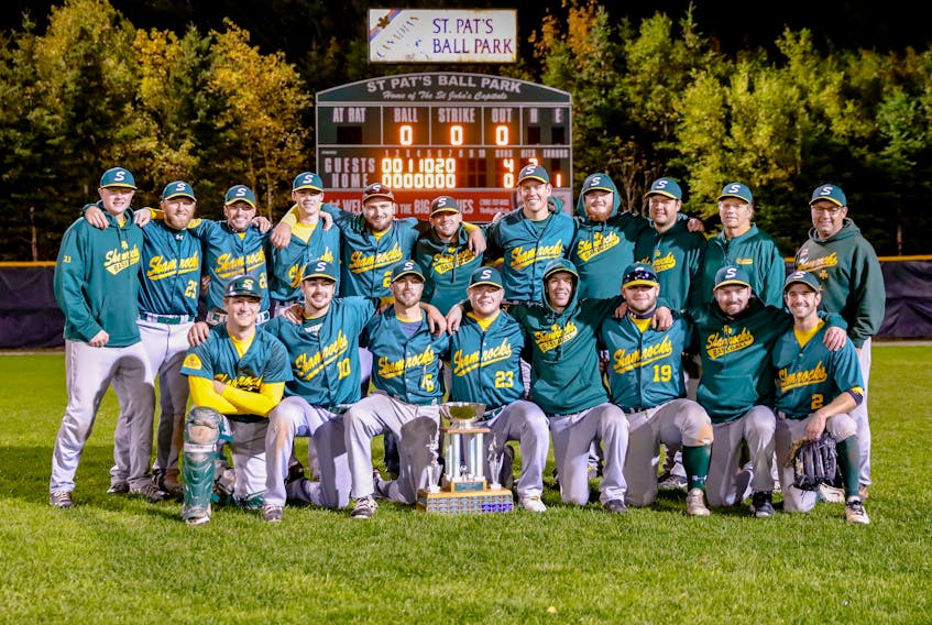 David Hiscock/ ActionSnaps.ca - Members of the Shamrocks team which won the 2018 St. John’s Molson Senior Baseball League championship are, from left, first row: Scott Stockley, Dylan MacKenzie, Trevor Clarke, Dave Penney, Greg Barry, Redmond Hunt, Ryan Dooley, Charlie Kelly; second row: Zack Fitzpatrick, Grant Kenny, Brent Power, Graham King, Joel Abbott, Scott Goosney, Mike Dyke, Mattie Murphy, assistant coach Andrew Simmons, assistant coach Peter Cornick and coach Sean Gulliver. Missing from photo are Parker Gulliver, Josh Fifield, Josh Langmead and Ben Murphy.