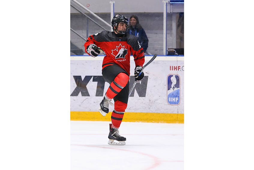 IIHF photo - Alex Newhook celebrates his goal against Finland last week at the IIHF world under-18 hockey championship in Umea, Sweden. Team Canada is 3-0 in the event, and Newhook, the St. John’s hockey star, shares the tournament scoring lead.