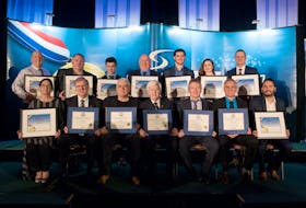 Sport Newfoundland and Labrador handed out its 2018 provincial awards, and the Newfoundland and Labrador Sports Hall of Fame inducted five new members Saturday night. Among the award winners and newest Hall of Famers are, from left, first row: Joan Butler, Bill Hogan, Terry Ryan, Angus Barrett, Wayne Ryder (accepting on behalf of his son, Michael), Ward Gosse, Rekesh Mohan Negi (accepting on behalf of David Liverman); second row: Fintan Gaudette, Blaine Sullivan (accepting on behalf of his daughter, Kate Sullivan), Owen Cumby (accepting on behalf of his brother, Noah Cumby), Ray Gushue (accepting on behalf of his son, Brad Gushue), Jesse Sutton (accepting on behalf of Trevor Budgell), Teri Murphy and Todd Hickey (accepting on behalf of his son,  Liam Hickey). (Photo by Melanie Courage)