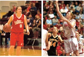 Former Memorial Sea-Hawks stars Katherine (Quackenbush) Morrow (left) and Jenine (Browne) MacFadden have been named to U Sports’ list of the top players in the first 100 years of Canadian university women’s basketball. — File/Memorial Athletics