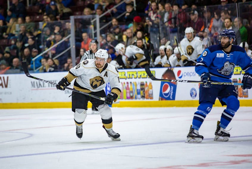The Newfoundland Growlers’ Zach O’Brien (10) had a hat trick in Saturday’s 5-1 over the Jacksonville Icemen Saturday night at Mile One Centre, giving the 26-year-old forward from St. John’s 26 points in 21 ECHL games this season. — Newfoundland Growlers photo/Jeff Parsons