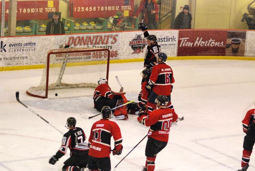 Keith Delaney scored the opening goal for the Clarenville Caribous in Sunday's Game 2 of the Herder provincial senior hockey final Sunday in Clarenville. — The Packet