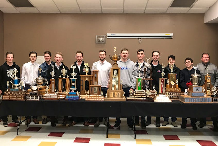 The Mary Brown’s St. John’s Junior Hockey League held its awards presentation Wednesday night. Among the winners were, from left, Josh Langmead, Jordan Blackwood, Tyson Savoury, Tyler Nickson, Tyler Wall, Andrew Churchill, Grant Thompson, James O’Brien, Michael Brooders, Colin O’Neill, Mitch Rogers and Adam Collins.