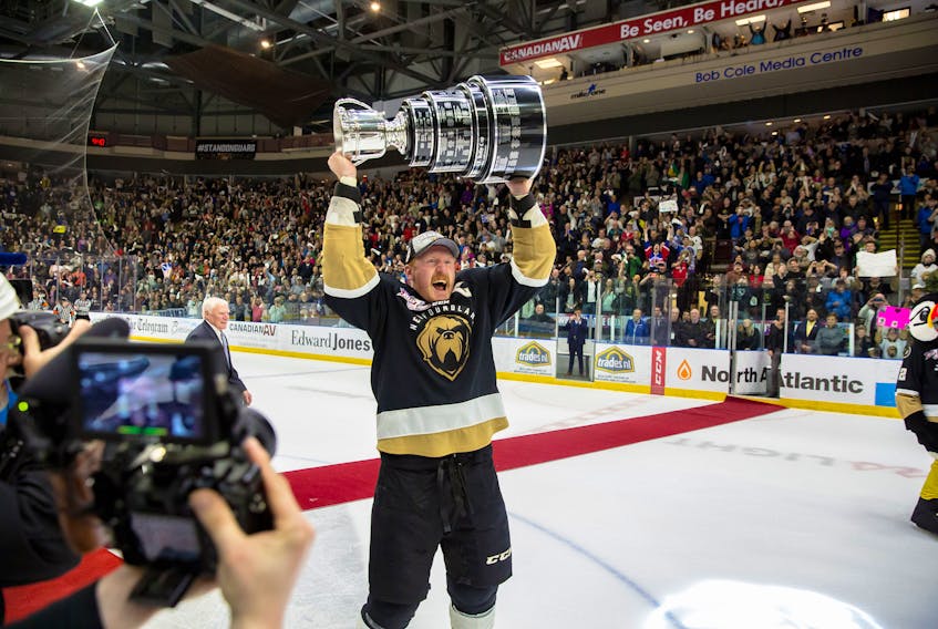 Newfoundland Growlers captain James Melindy became the first player to lift the latest version of the Kelly Cup after Newfoundland won the ECHL championship last week at Mile One Centre. The reason the league needed to arrange for creation of a new Kelly Cup stems from a dispute that relates to the Growlers’ 2018 entry into the league as an expansion team. — Newfoundland Growlers photo/Jeff Parsons