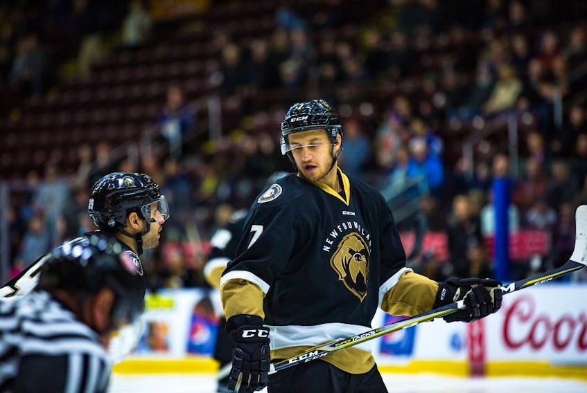 Sam Babintsev (7) has played well any time he’s been in the Newfoundland Growlers’ lineup, but the challenge for the young Russian — and some other Growlers centres and wingers— has been to find a full-time berth on a very deep corps of forwards.