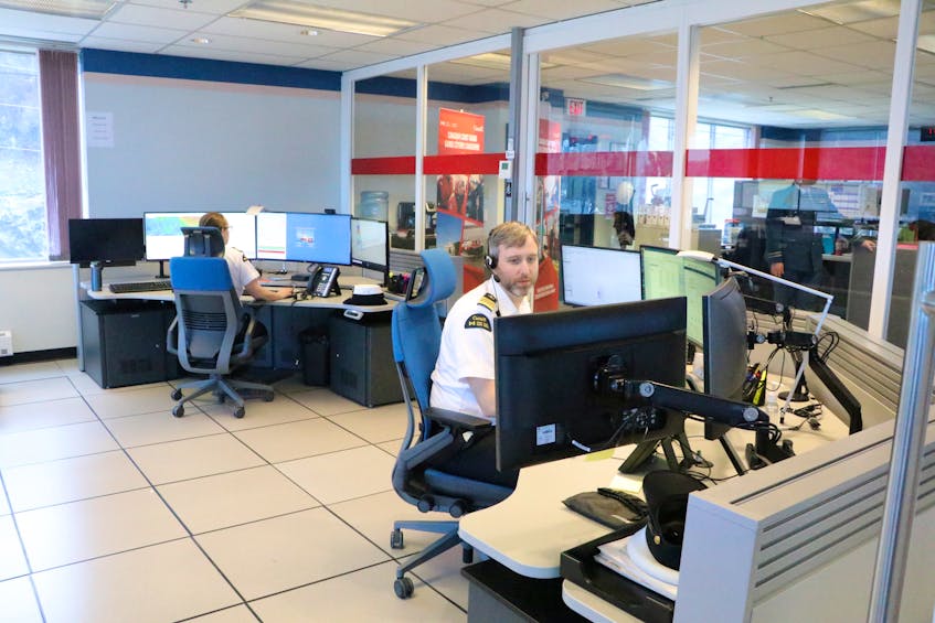 Maritime search and rescue co-ordinators at work at the Canadian Coast Guard’s Maritime Rescue Sub-Centre in St. John’s Thursday. The sub-centre was officially reopened on Thursday.