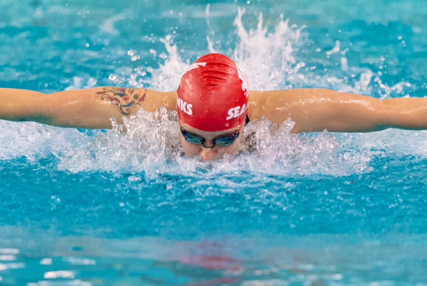 Sea-Hawks swimmers’ points totals put Memorial in fourth place in both the men’s and women’s team standings at the Kemp-Fry Invitational meet in Halifax. — Dalhousie Athletics/Trevor MacMillan
