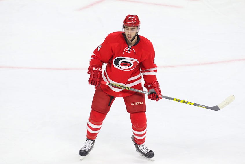 After appearing in seven games for the NHL’s Carolina Hurricanes this fall, Clark Bishop has been returned to the Charlotte Checkers, the Hurricanes’ AHL farm team. — Carolina Hurricanes photo/Gregg Forwerck