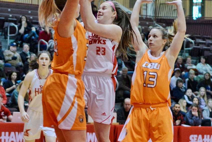 Haille Nickerson of the Memorial Sea-Hawks releases a shot during a game against Cape Breton University earlier this month. Nickerson is expected to be one of the players asked to step up and help fill the void left by injured star Sydney Stewart.