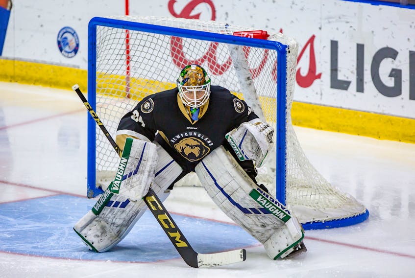 Newfoundland Growlers goalie Michael Garteig got his second shutout of the season as the Growlers blanked the Solar Bears in Orlando, Fla., Friday, but the Solar Bears got the better of Garteig and the Growlers Saturday, roaring back for a 6-5 overtime win. — Newfoundland Growlers photo/Jeff Parsons