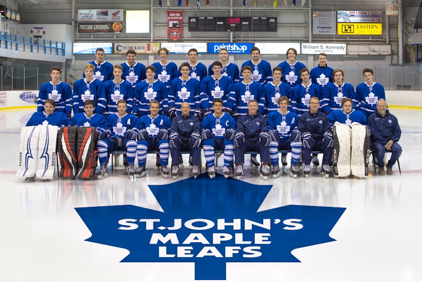 The St. John’s Maple Leafs are representing the province in the Atlantic major midget hockey championship which opens today in Lantz, N.S. Members of the Maple Leafs are (from left): front row: Michael Fisher, Andrew Curtis, Nick French, Aaron Greenham, assistant coach Dion White, Noah Parsons, coach Ed Oates, Jay Henley, assistant coach Bob Thompson, Colby Loveless and manager Rod French; second row: Alexander French, Ryan Maher, Riley Coady, Michael McCarthy, Regan Seymour, Logan Brothers, Nick Gosse, Paul Norman, Alex Doody, Brandon Knight and George Walsh; back row: Austin Martin, Steven Abbott, Jacob Dyer, Nathan Flynn, Jonathan Jenkins, Lucas Osmond, Andrew Howell and Christopher Martell. —Jeff Parsons Photography