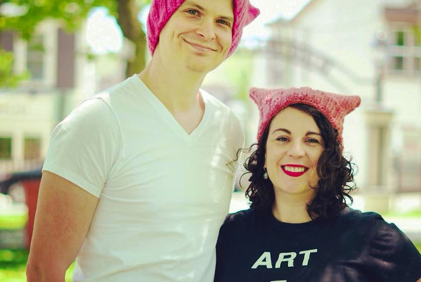 Photo courtesy Ashley Harding Photography
Director Olivia Heaney and writer/performer Josh Goudie pose in in their pink Pussyhats before the debut performance “Mansplaining,” a stand-out performance from the opening night of the St. John’s Shorts Festival.