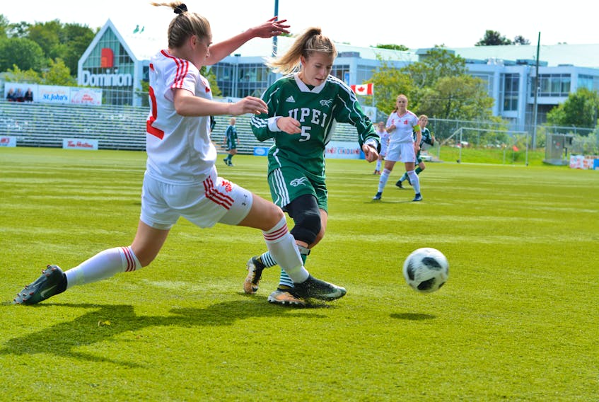 Jaimie King (2) of the Memorial Sea-Hawks’ moves in for a tackle against Carly Connell of the University of Prince Edward Island Panthers during their Atlantic University Sport women’s soccer game Saturday at King George V Park in St. John’s. The game, the first of the 2018 AUS season for both teams, ended in a 1-1 draw. The Sea-Hawks and Panthers faced off again on Sunday afternoon, with Memorial winning 1-0. — Memorial Athletics photo/Taz Uddin