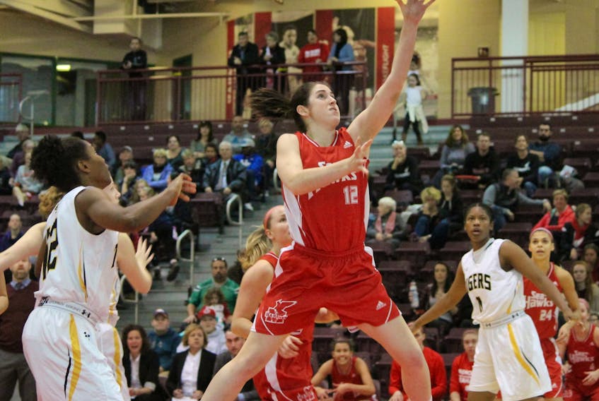 Cameron Longley of the Memorial Sea-Hawks intercepts a Dalhousie Tigers pass during play in an AUS women’s basketball game Sunday at the Field House. The Sea-Hawks swept the Tigers in a pair of games.