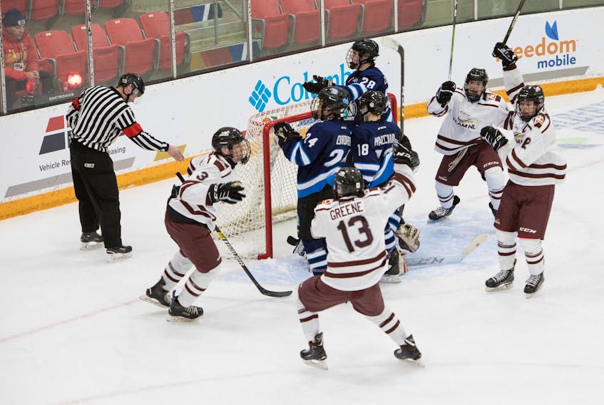 Newfoundland and Labrador got the start it wanted in the men’s hockey competition at the 2019 Canada Winter Games Saturday, winning its opening game by a 5-3 score over the Northwest Territories in Red Deer, Alta. The Territories obviously weren’t happy with one of the Newfoundland goals, appealing to the referee as Dawson Crane (3), Ryan Greene (13) and team captain Zach Dean (12) celebrated. The province, which is entered in C Pool with NWT, the Yukon, Nunavut and P.E.I., was scheduled to play Nunavut Sunday night. The opening ceremonies were held Friday night, a select few sports such as hockey started Saturday, but the Games kicked into full swing Sunday.
