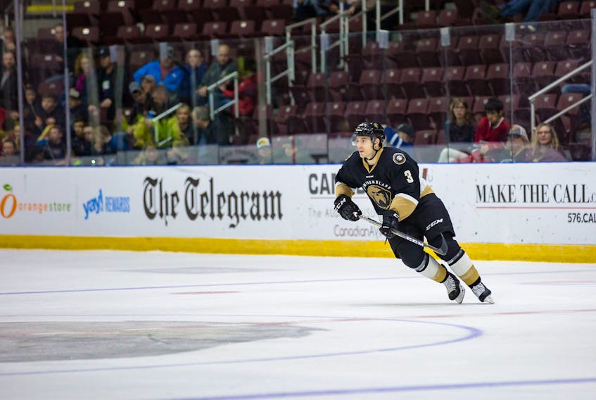 Kyle Cumiskey had a couple of assists in each of the Newfoundland Growlers’ wins over the Reading Royals over the weekend, but the veteran rearguard probably won’t be available to the Growlers for their next game as he has been signed to a tryout contract by the AHL’s Providence Bruins. — Newfoundland Growlers photo/Jeff Parsons