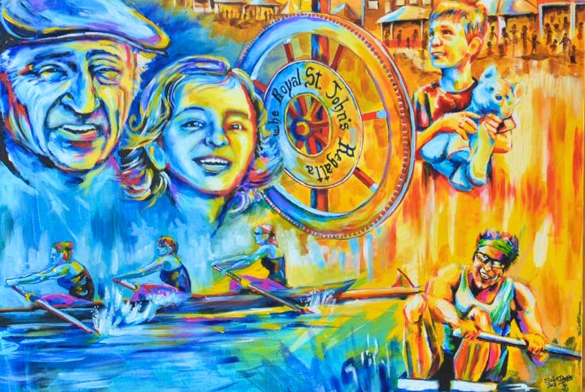 Local artist Sailor Danny was commissioned to create the Royal St. John’s Regatta official 200th anniversary painting. The eye-catching piece details many of the Regatta’s well-known themes and reflects the event’s energy and joy.