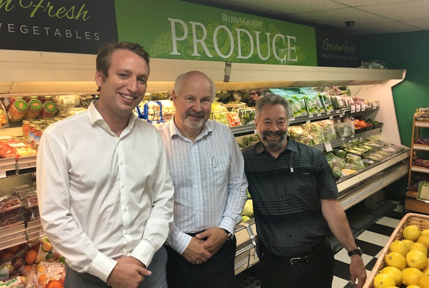 Corner Brook-based grocery chain Colemans has purchased St. John’s neighborhood supermarket Belbin’s Grocery. Shown here (from left) are Colemans director of business develop Aidan Coleman (left), and Belbin’s co-owners and cousins Robert and Chris Belbin.