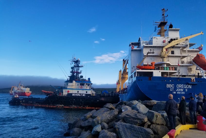 MV BBC Oregon went aground Sunday afternoon and was pulled free from the rocks by tugboat Beverley M early that evening.