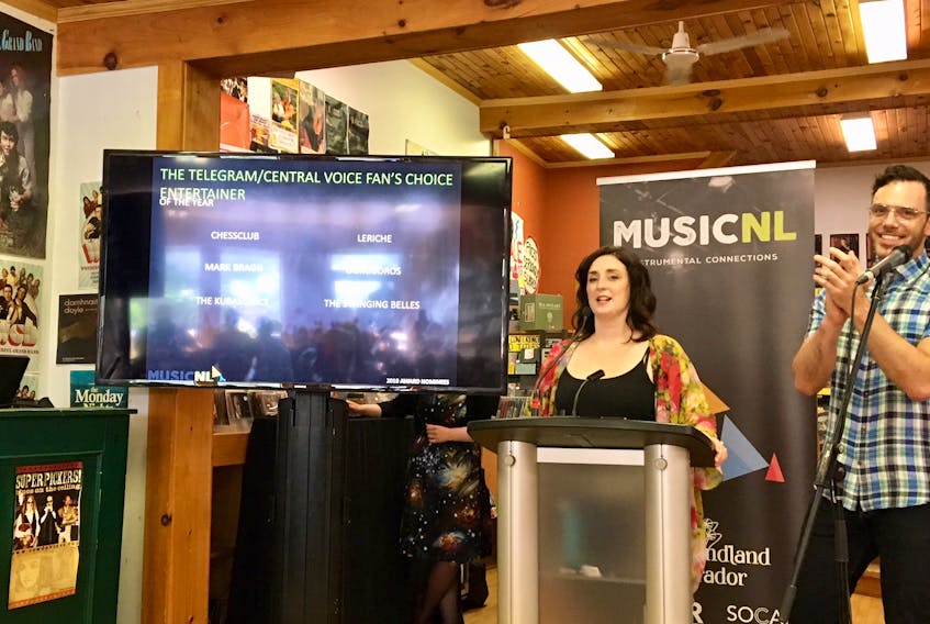Rebecca Robbins, MusicNL program, marketing and communications director, and Don E. Coady announce the nominees for the 2018 MusicNL awards Friday at Fred’s Records in St. John’s. The awards ceremony will be held in Twillingate in October.