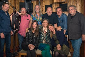 Submitted photo courtesy of Paul Kinsman
The performers on the new “Babylon Mall” track pose for a photo during the recording. Back row (from left): Billy Sutton, Boomer Stamp, Sandy Morris, Paul Kinsman, Mark Critch and Glenn Simmons. Front row (from left): Amelia Curran, Greg Malone and Geraldine Hollett.