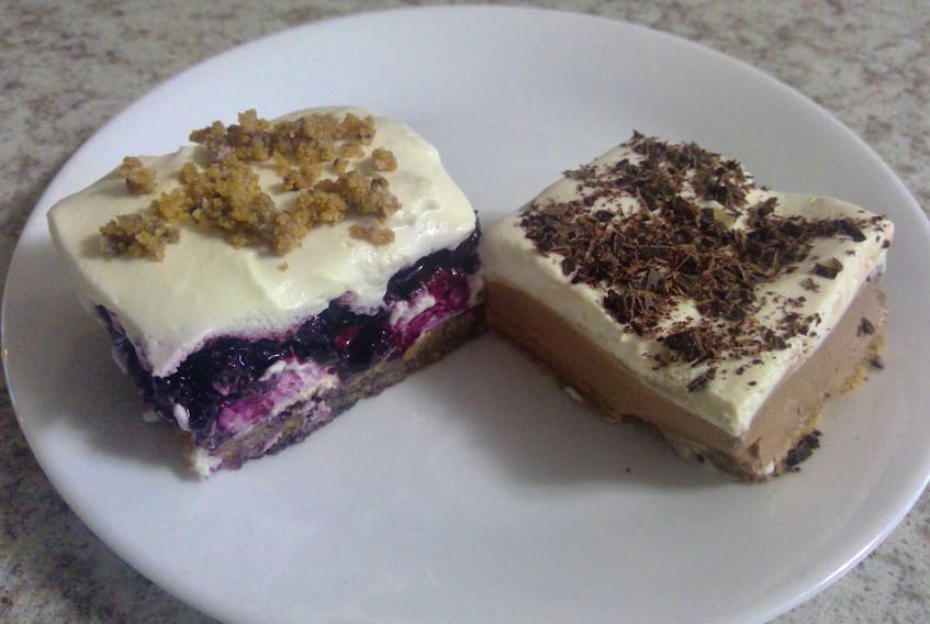 Blueberry or chocolate cream cheese desserts, all sure to be a hit. Versatile recipe allows you to mix ’em up.