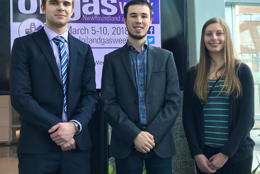From left, students Liam Carter (nautical science, Marine Institute), Nathan Hollett (engineering, Memorial University) and Karla Brown (geomatics and survey engineering technology, College of the North Atlantic) were three of the five recipients of the 2018 Oil and Gas Week scholarship.