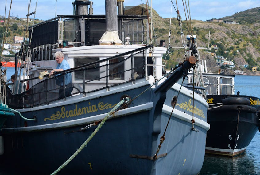 Scademia owner Charlie Anonsen aboard the schooner Wednesday in St. John’s harbour at Pier 7.