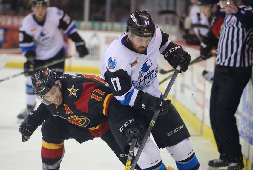 File photo/Wichita Thunder/Johnnna Raymond

 — Zach O’Brien (17) of Goulds, shown in action for the Wichita Thunder against the Indy Fuel last season, is back with the ECHL’s Thunder, who open their 2017-18 campaign against the Fuel Friday night in Wichita.
