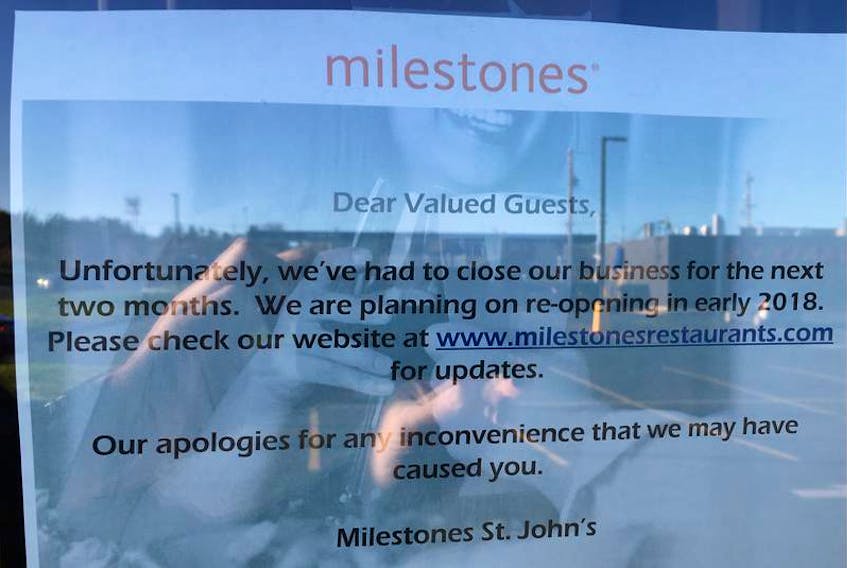 This sign on the door at Milestones Bar and Grill in the city’s east end in early November 2017 alerted the public it would be closed for business for a couple of months.
