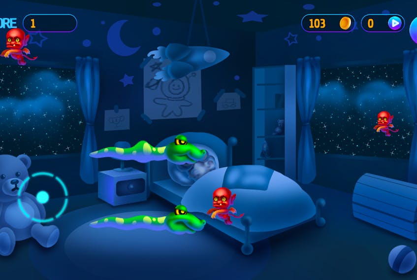 In Dreamy Snakes, the first game from St. John's-based indie game studio Chummy Games, the player uses stuffed snakes to defend sleeping children from monsters that creep into their room at night. — Screenshot from Dreamy Snakes