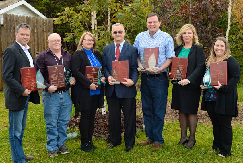 Recipients of the Town of Conception Bay South's 7th annual Bright Business Awards are (from left): Darin Steeves (Dawe’s Plumbing and Heating-Beautiful Business-Single Tenant Award); Gord Byrde (Shawn’s Muffler and Brake Shop — G. Noseworthy Award); Andrea Gosse (Platinum Construction — David Murphy Chamber Leadership Award); Robert Regular (Regular Power Clarke Bennett Lawyers — Beautiful Business Multi-Talent Award); Paul Heffernan (Sobeys — Main Street BIA Member of the Year and Community Pride and Partnership Awards); Jackie McCann-Scott (Invested Mama — Established Business of the Year Award), and Bobbie-Lee Gosse (The Wee Gym — New Start Up of the Year Award).