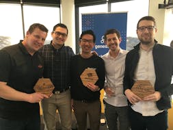 The latest graduates from the Genesis Centre’s Enterprise program: (from left) Wally Haas, president, Avalon Holographics; HeyOrca! co-founders Sahand Seifi (CTO) and Joe Teo (CEO); Empowered Homes co-founders Joshua Green (CEO) and Zachary Green (COO).