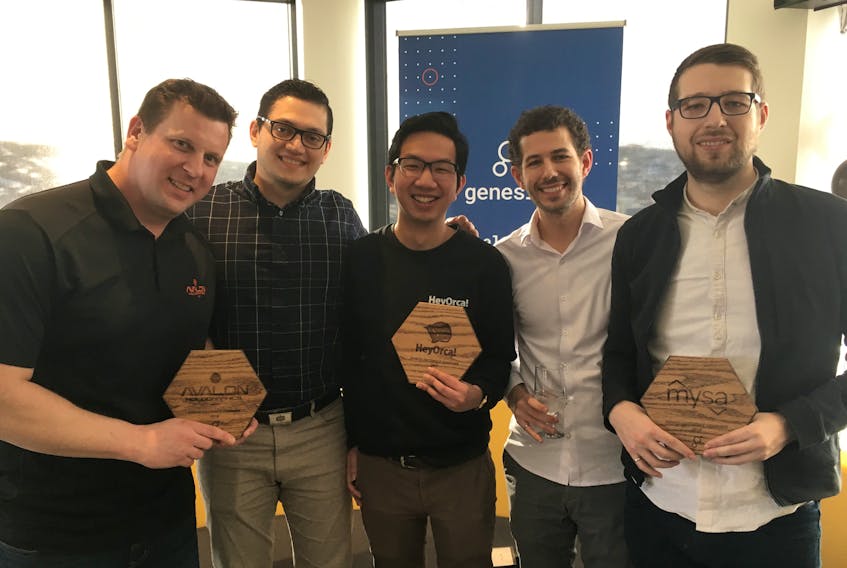 The latest graduates from the Genesis Centre’s Enterprise program: (from left) Wally Haas, president, Avalon Holographics; HeyOrca! co-founders Sahand Seifi (CTO) and Joe Teo (CEO); Empowered Homes co-founders Joshua Green (CEO) and Zachary Green (COO).