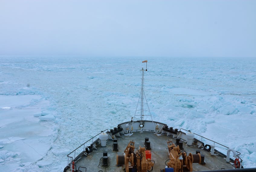 CCGS Henry Larsen icebreaking near St. Barbe, N.L., in late March. Again this year, heavy ice conditions caused significant problems for fishing operations and transportation in the Strait of Belle Isle. – Canadian Coast Guard photo